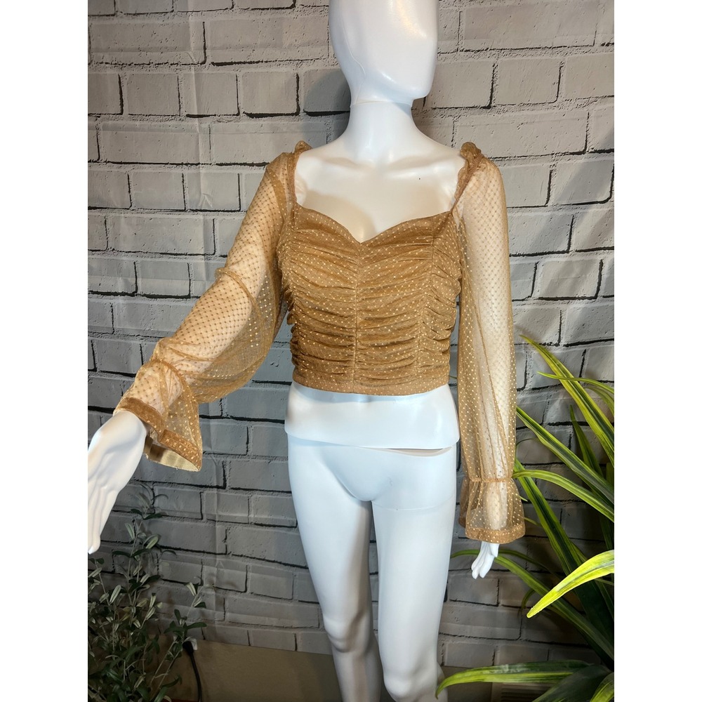 Chocolate USA Tan Swiss Dot Ruched Mesh Crop Top Long Sleeve Sweetheart Large